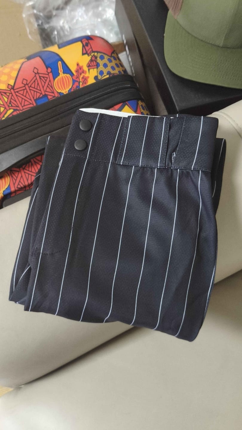 Customer photo review of Custom Red White Pinstripe Fit Stretch Practice Loose-fit Baseball Pants