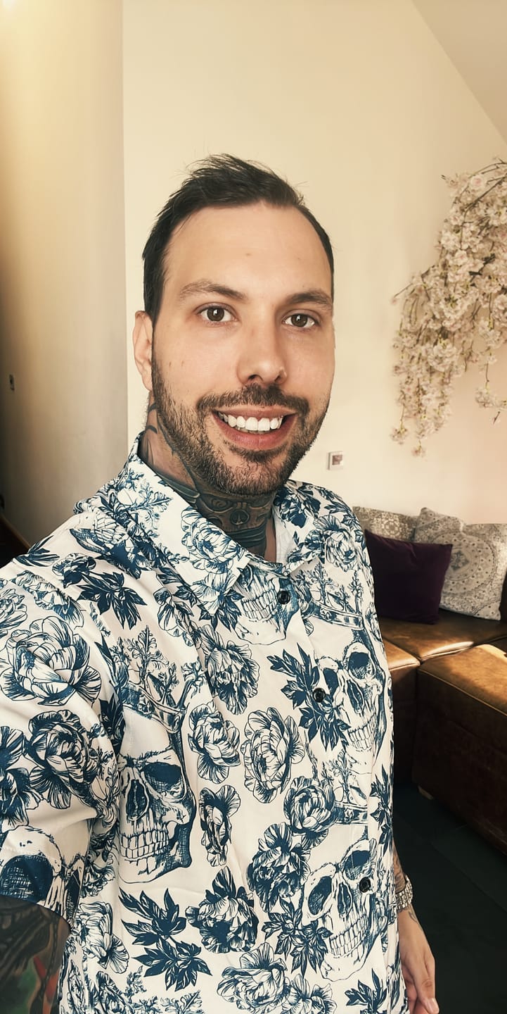 Customer photo review of Men's Punk Rock Crown Floral Skull Print Short Sleeve Shirt