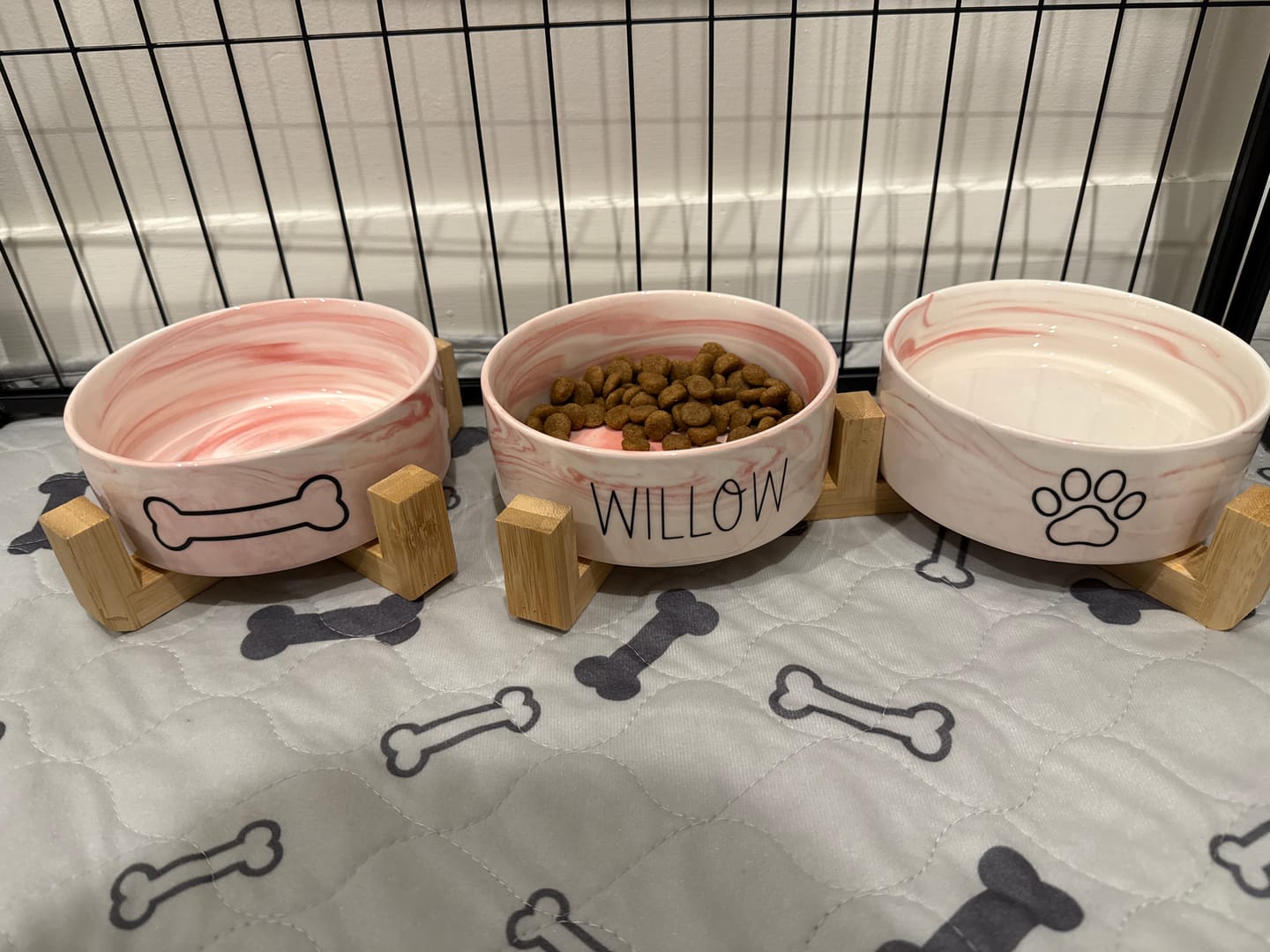 Customer photo review of Personalised Double Ceramic Dog Bowl with Wooden Support