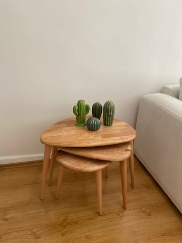 Customer photo review of Ahşap Zigon Sehpa 3'lü Set - Doğal Masif Kestane Ağacı (Ercol Stil)