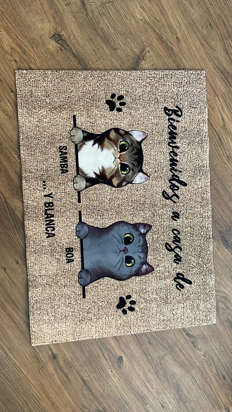 Customer photo review of Bienvenidos a lo de gatos curiosos - Felpudo personalizado