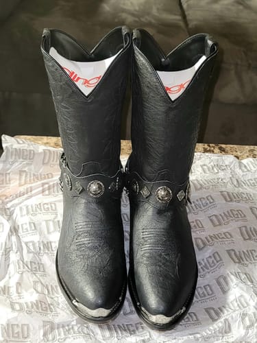 Customer photo review of Dingo Men's Suiter Black Concho Harness Round Toe Boots DI02175-BK