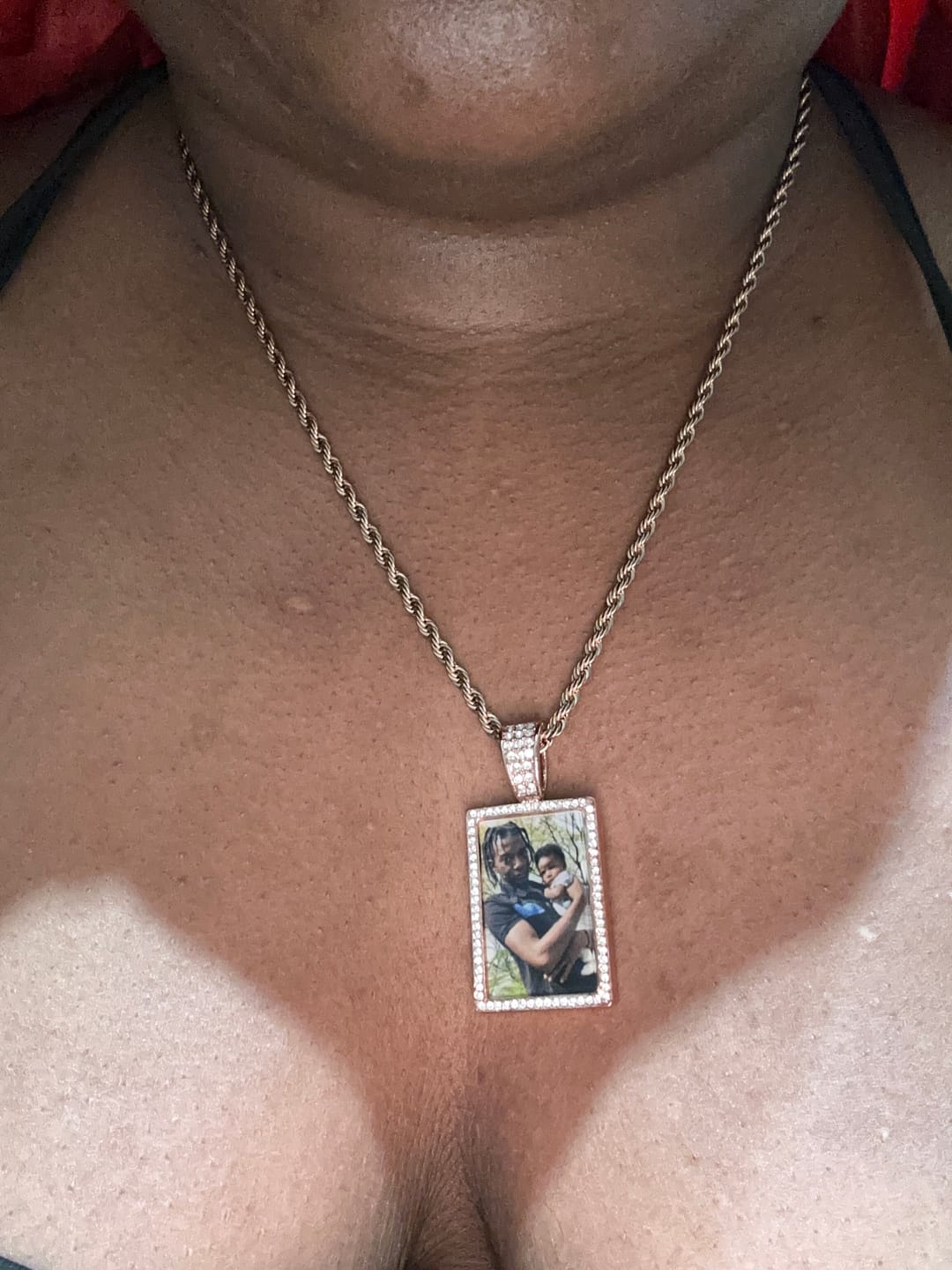 Customer photo review of Personalized Diamond Studded Colorful Photo Necklace