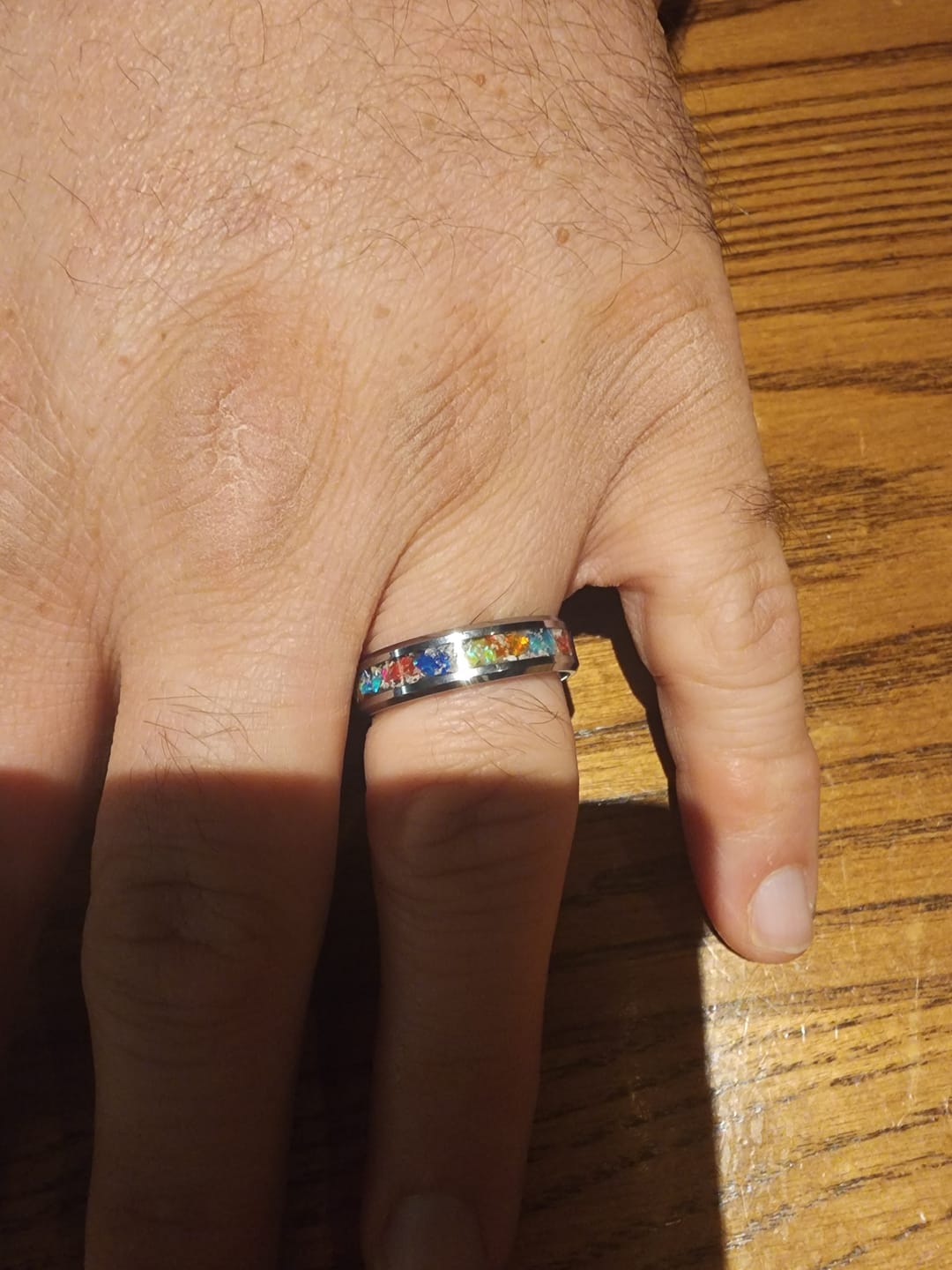 Customer photo review of Tungsten Opal Ring with Cremation Ashes