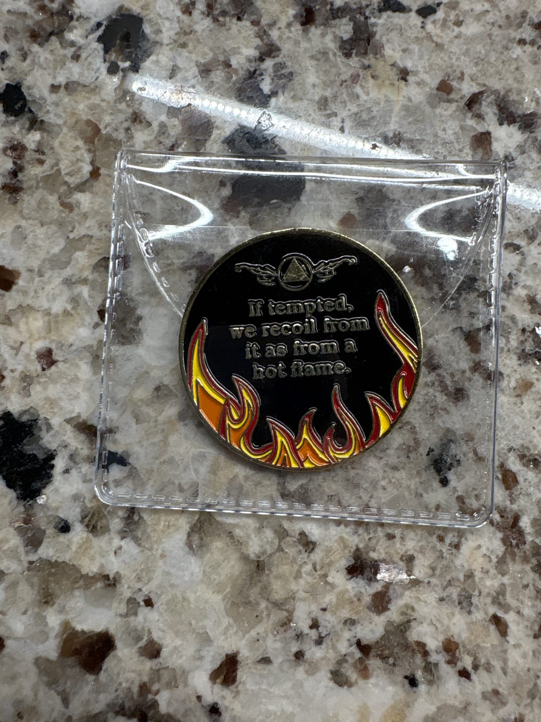 Customer photo review of 1 Year Sobriety Mint Twisted Flames Gold Plated AA Recovery Medallion/Chip/Coin - Black/Red/Orange/Yellow