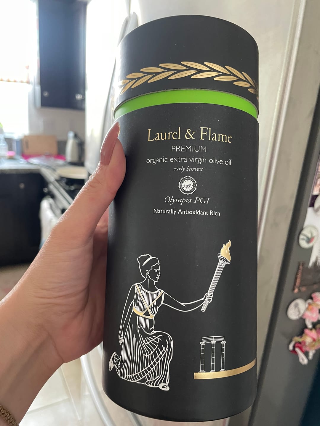 Customer photo review of Laurel & Flame Olympia PGI  Early Premium USDA-Organic  Extra-Virgin Olive Oil, 2024 (NEW) Harvest, 16.9 fl oz