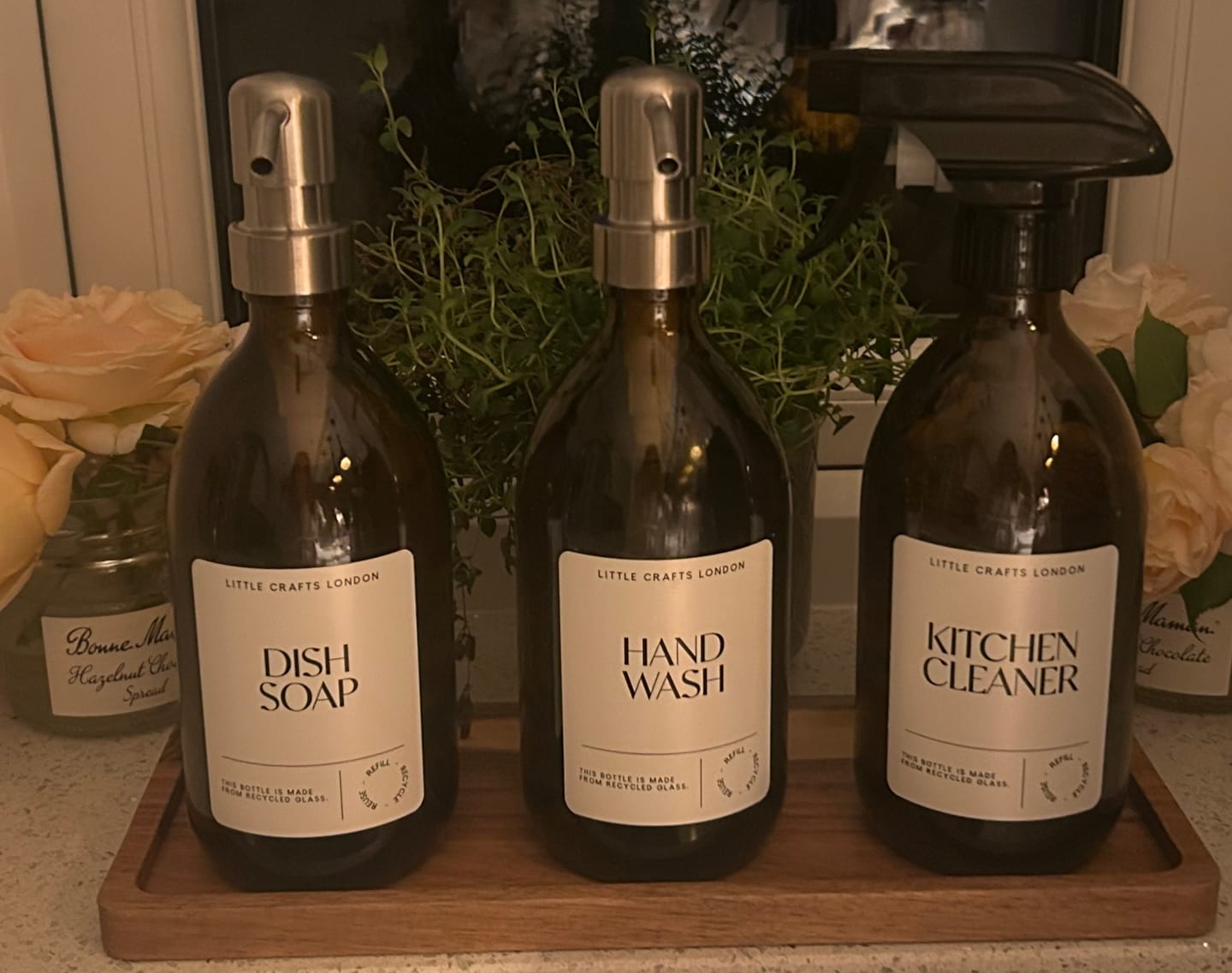 Customer photo review of Spray and Pump Set of 3 Reusable Amber Glass Bottles 500 ML