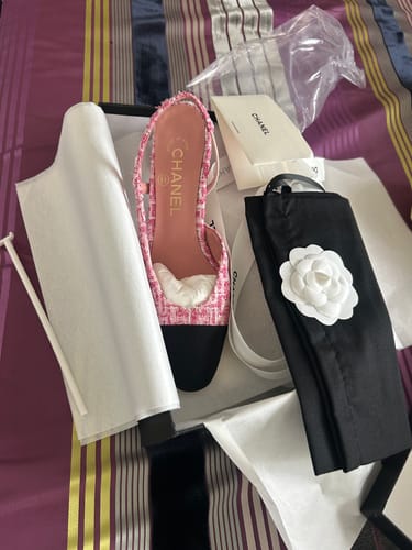 Customer photo review of CC Slingbacks Light Pink Mix White Tweed Black Grosgrain 399331