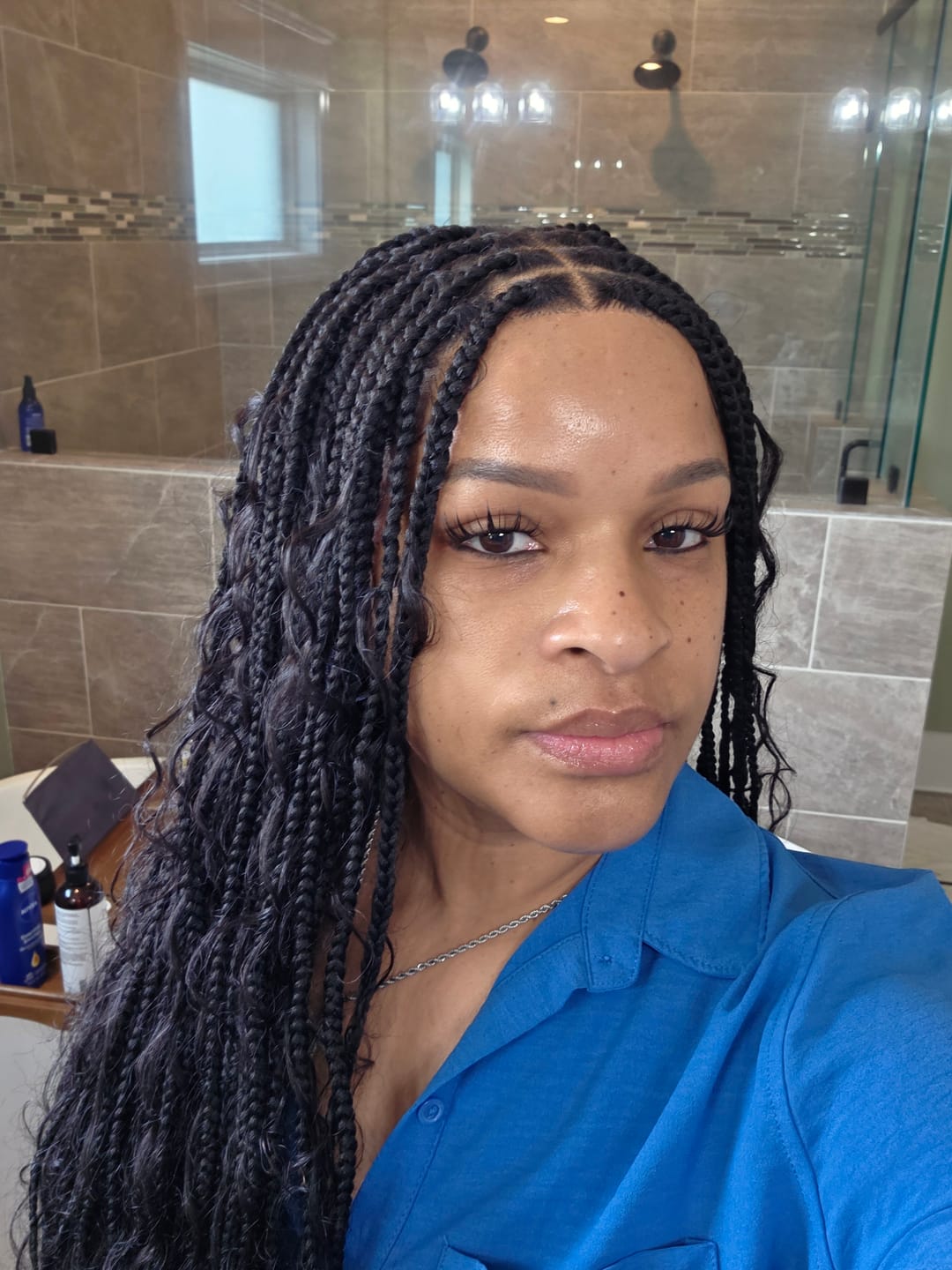 Customer photo review of 36" Human Hair Boho Curls Swiss HD Lace Knotless Box Braided Wig Full Hand-tied - Human Baby Hair