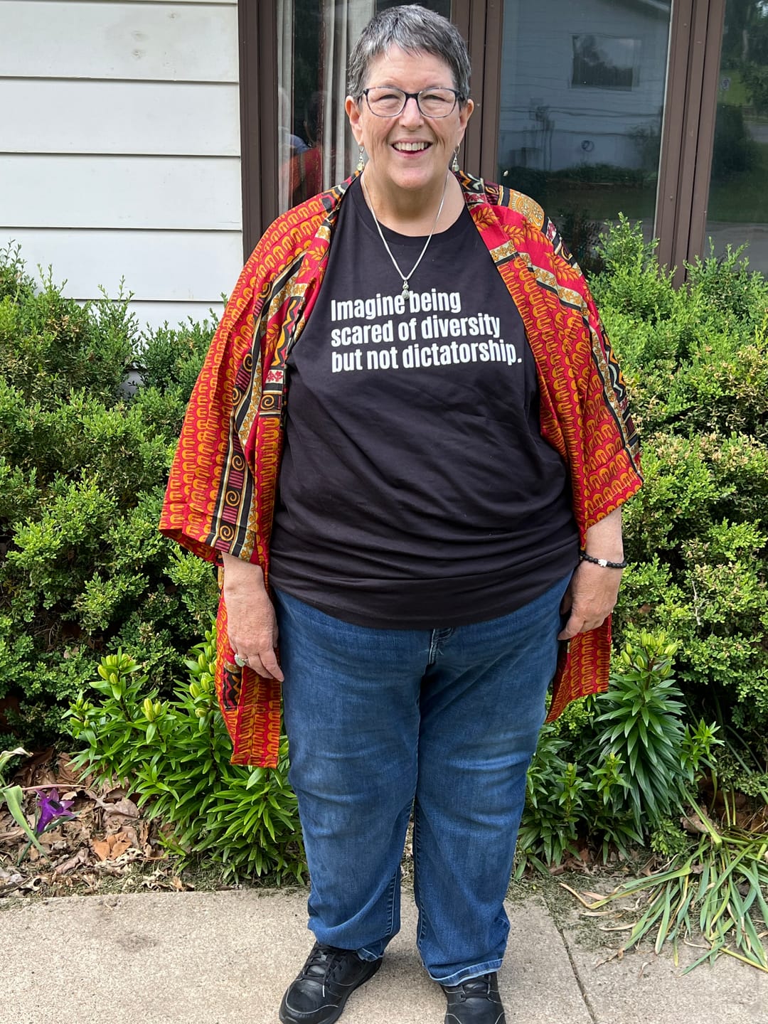 Customer photo review of Imagine Being Scared of Diversity But Not Dictatorship Unisex Tee
