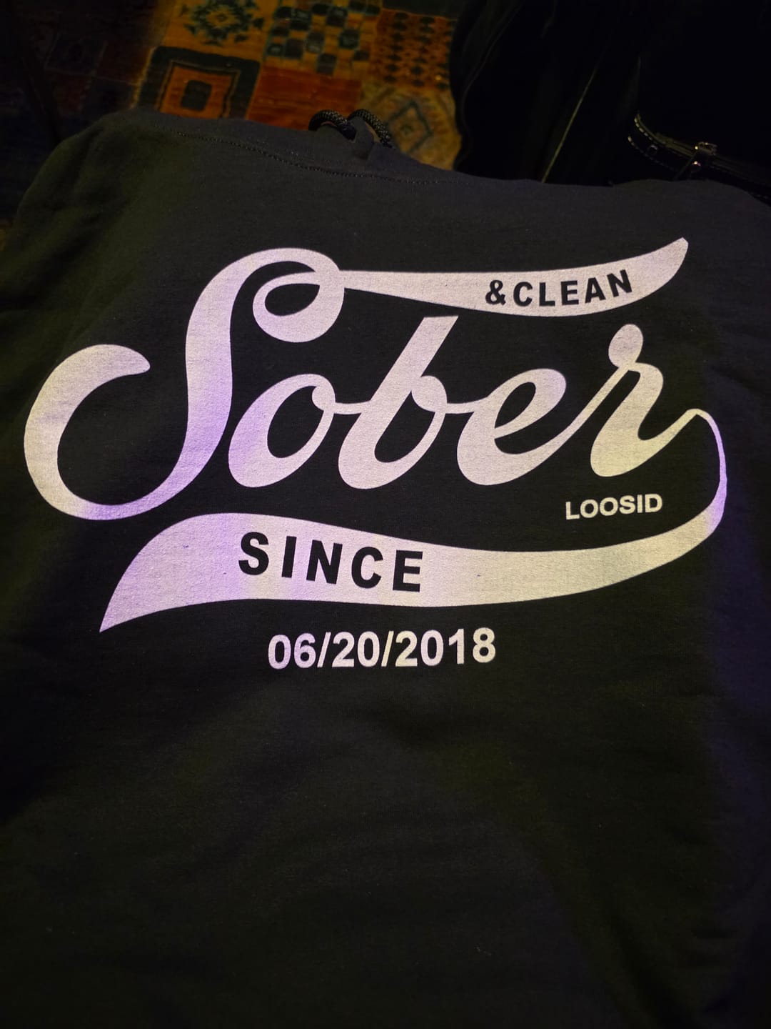 Customer photo review of Recovery Hoodie | Sober Since Unisex Hoodie with Custom Sobriety Date