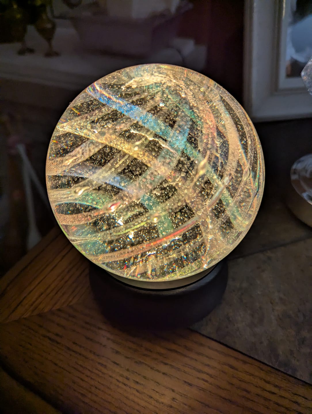 Customer photo review of Illuminated Dichroic Rainbow Orb with Cremains