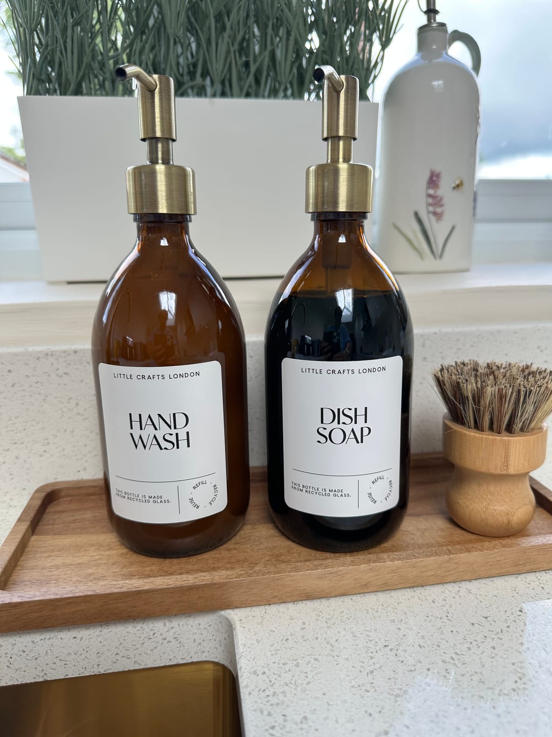 Customer photo review of Set of 2 Amber Glass Bottles 500 ML Long tray & Dish Brush