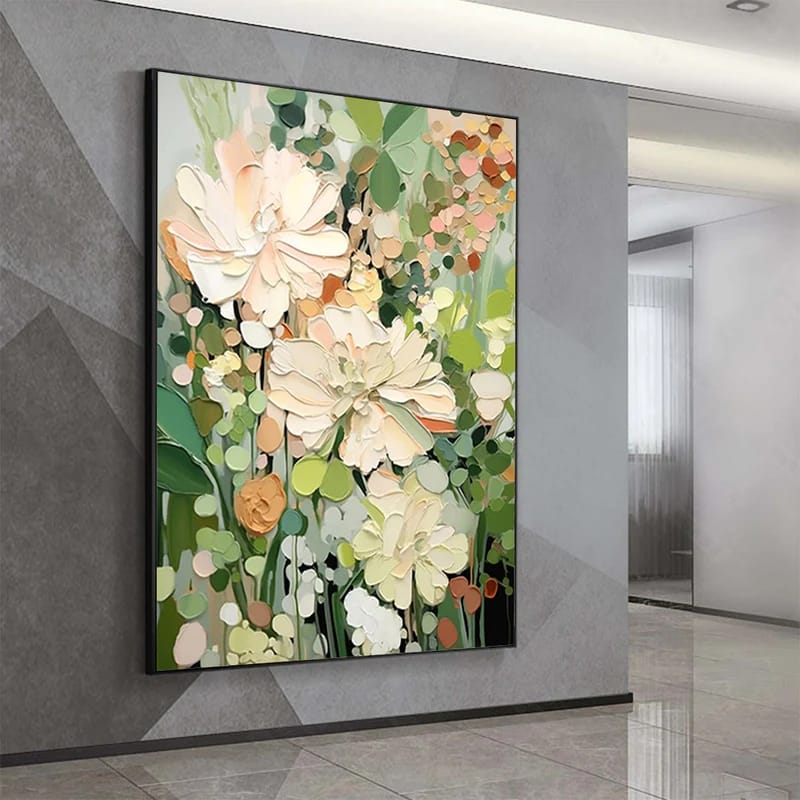 Customer photo review of Enchanted Blooms Abstract Floral Canvas – Hand-Painted Vertical Wall Art for Living Room
