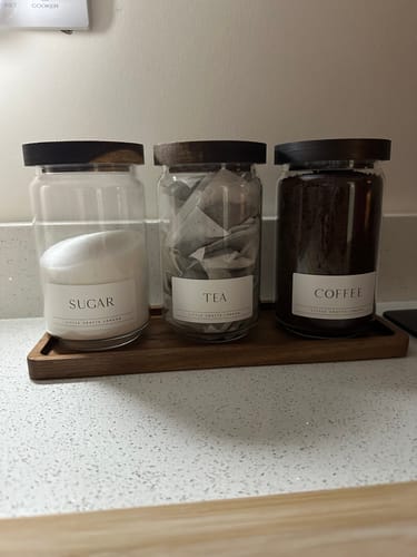 Customer photo review of Set of 3 Acacia Glass Jars Tea, Coffee and Sugar 750 ML & Rectangle Tray [LABEL SLIM]