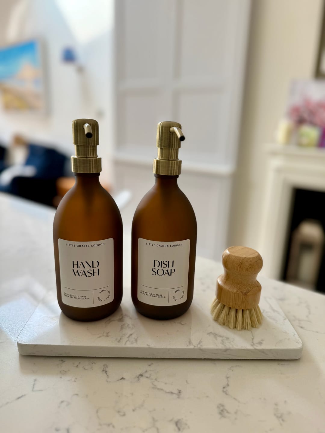 Customer photo review of Set of 2 *Frosted* Amber Glass Bottles 500 ML Long Rectangle Tray & Dish Brush