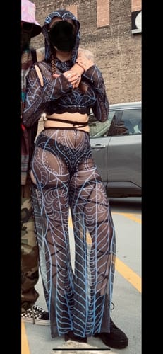 Customer photo review of Blue Occult Hooded Mesh Top