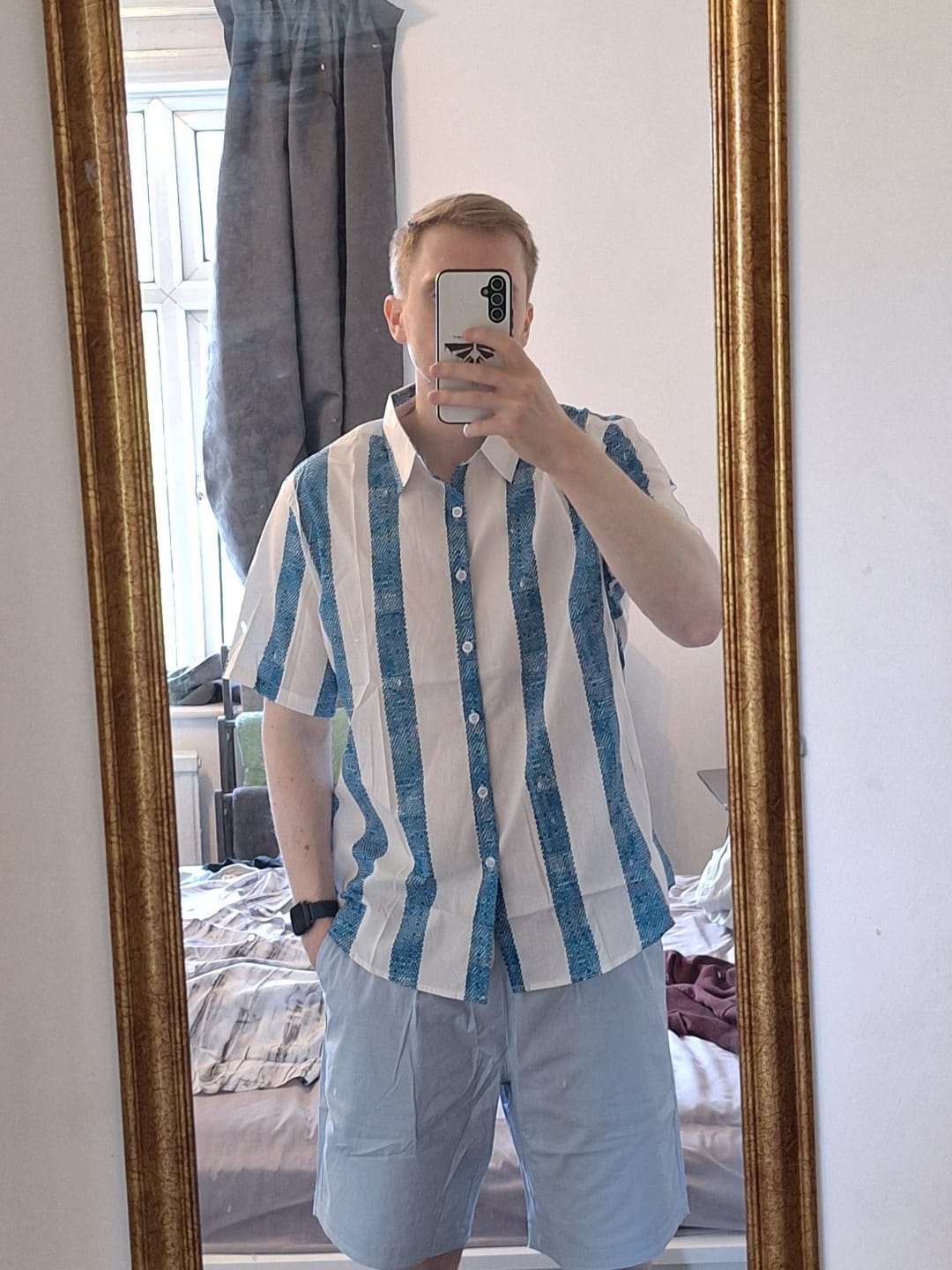 Customer photo review of Men's Vintage Blue Vertical Striped Casual Short Sleeve Shirt