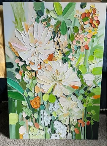 Customer photo review of Enchanted Blooms Abstract Floral Canvas – Hand-Painted Vertical Wall Art for Living Room