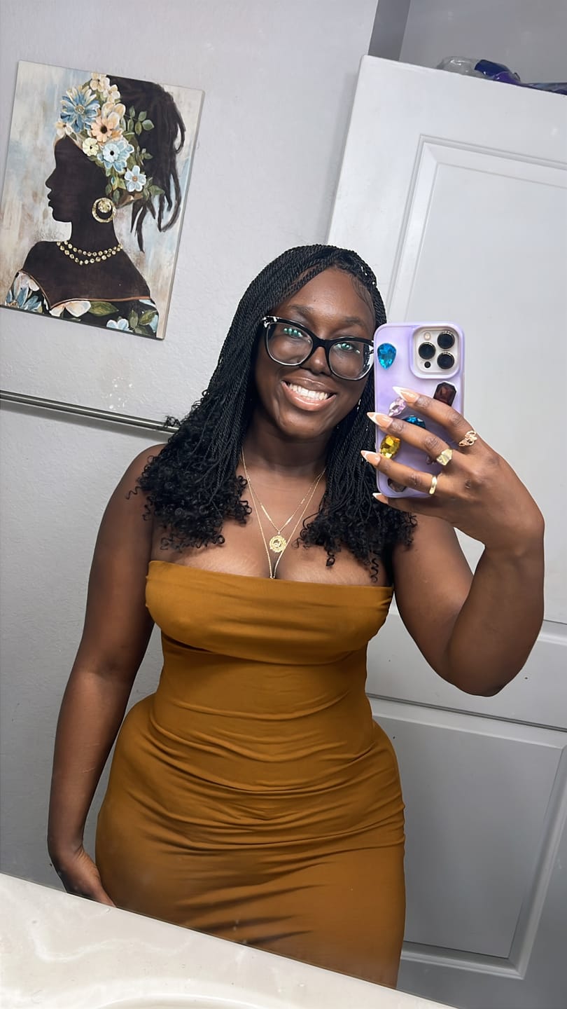 Customer photo review of Tina - Senegalese Mini Twist Braided Wig 14" Full Hand-tied Swiss HD Lace With Curly Ends - Human Baby Hair