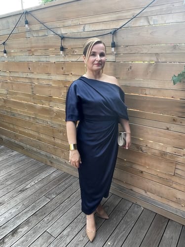 Customer photo review of Rayna One Shoulder Draped Dress in Blue by Theia Couture - RENTAL