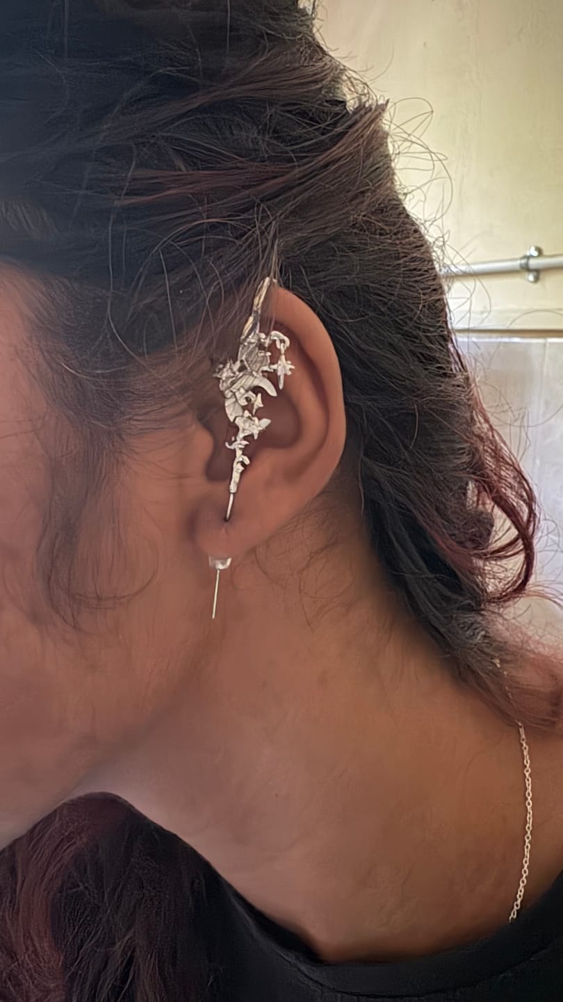 Customer photo review of "MYTH OF THE MOON" 925 Sterling Silver Statement Celestial Moon Dangle Needle Piercing Earring