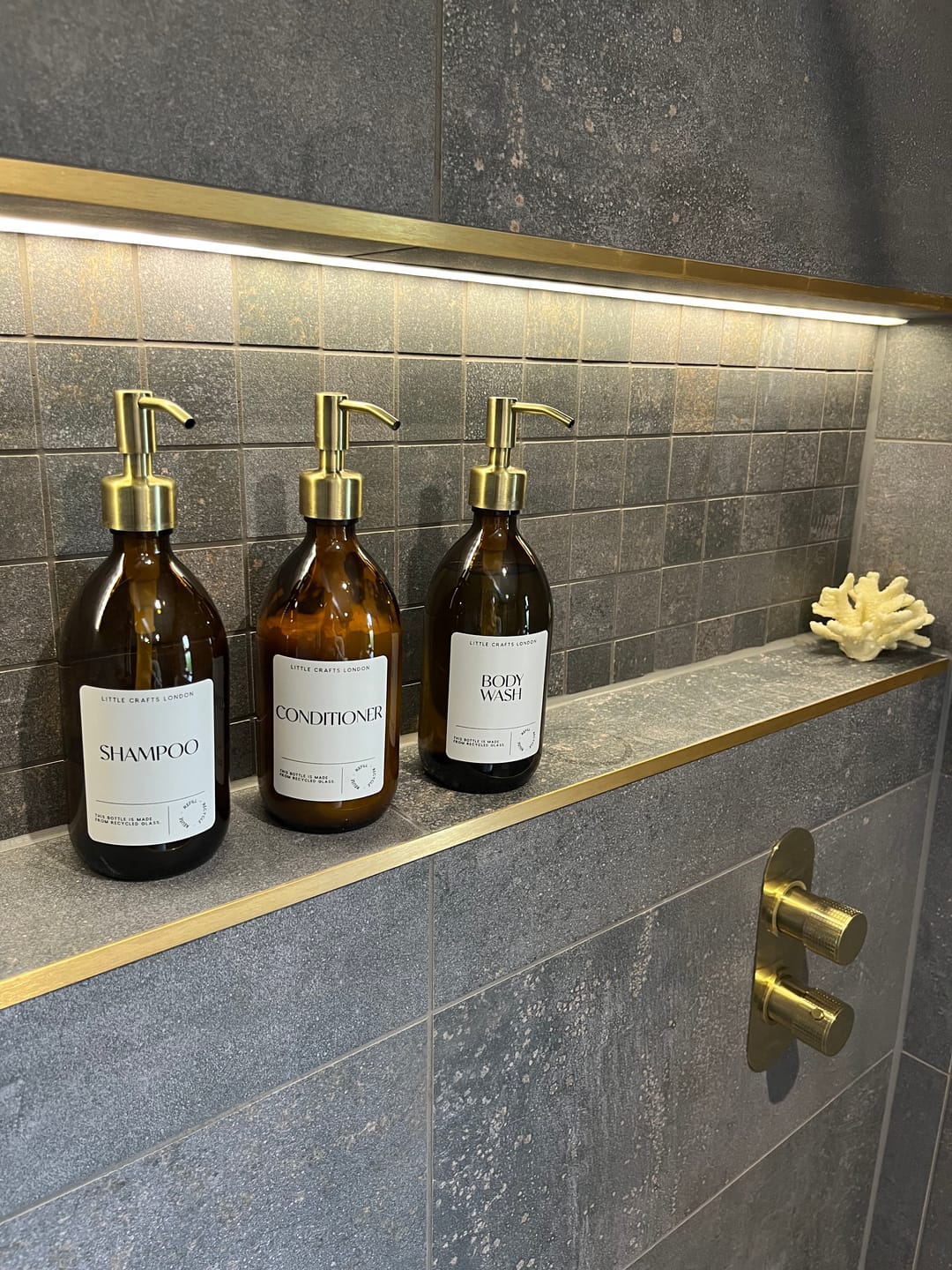 Customer photo review of Set of 3 Bathroom Reusable Amber Glass Bottles 500 ML with Stainless Steel Pump