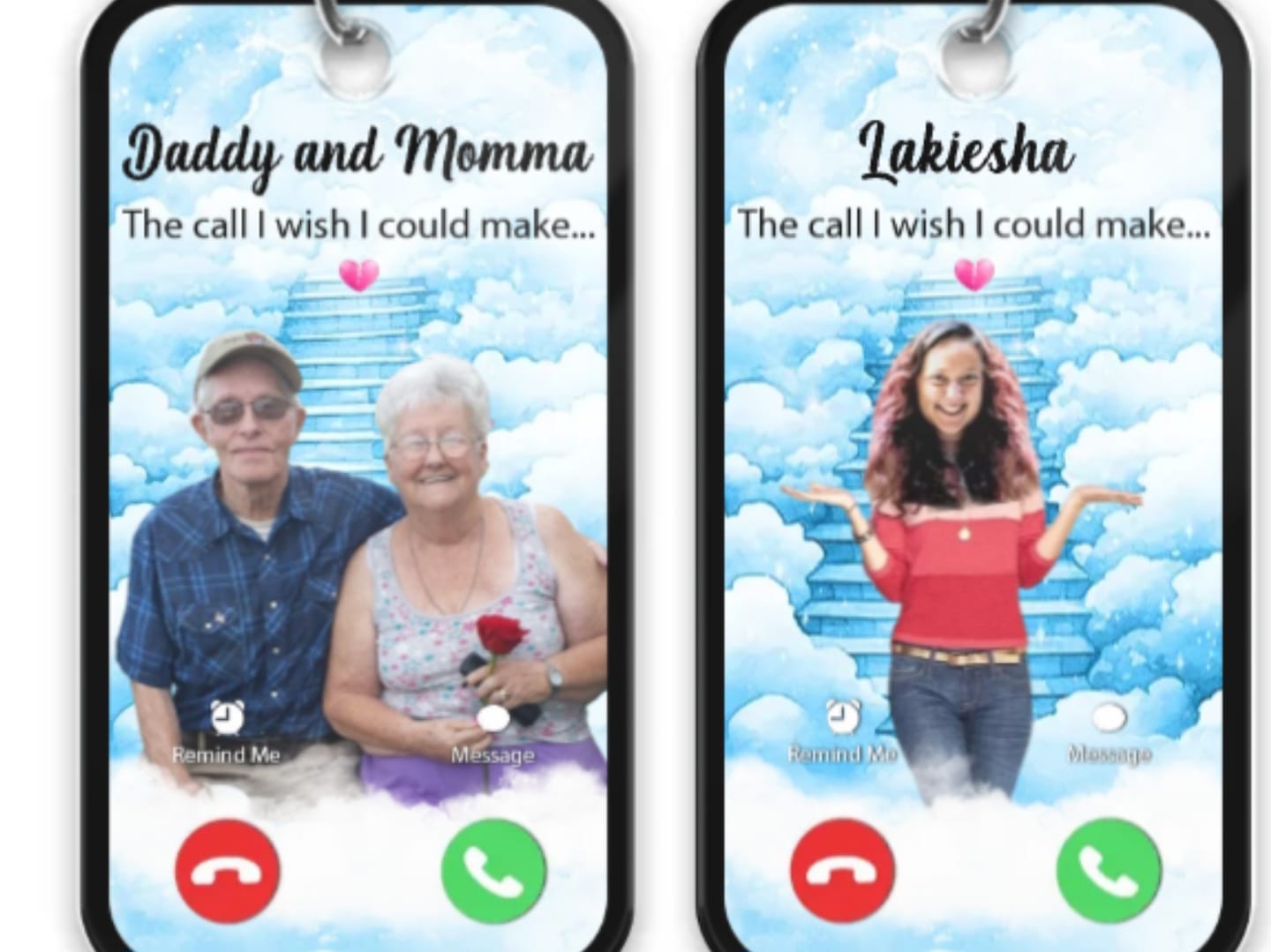 Customer photo review of The Call I Wish Memorial Sympathy Gift - Photo Inserted Different On 2 Sides Personalized Keychain