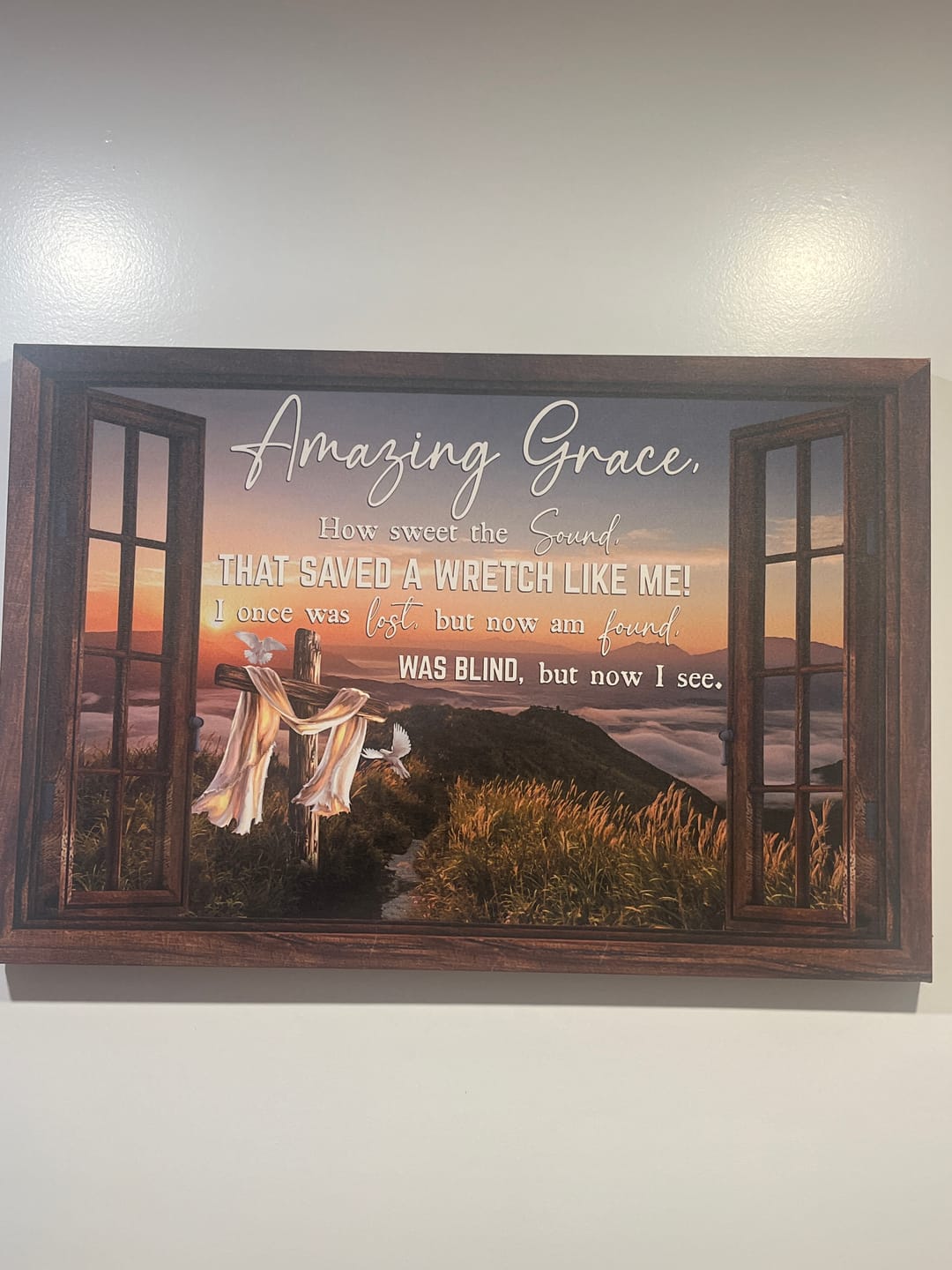 Customer photo review of Christian Wall Art: Amazing Grace How Sweet The Sound Cross Mountain Canvas Print