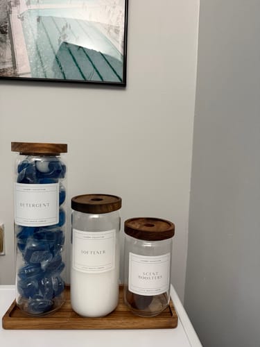 Customer photo review of Set of 3 Acacia Glass Laundry Jars & Tray Set