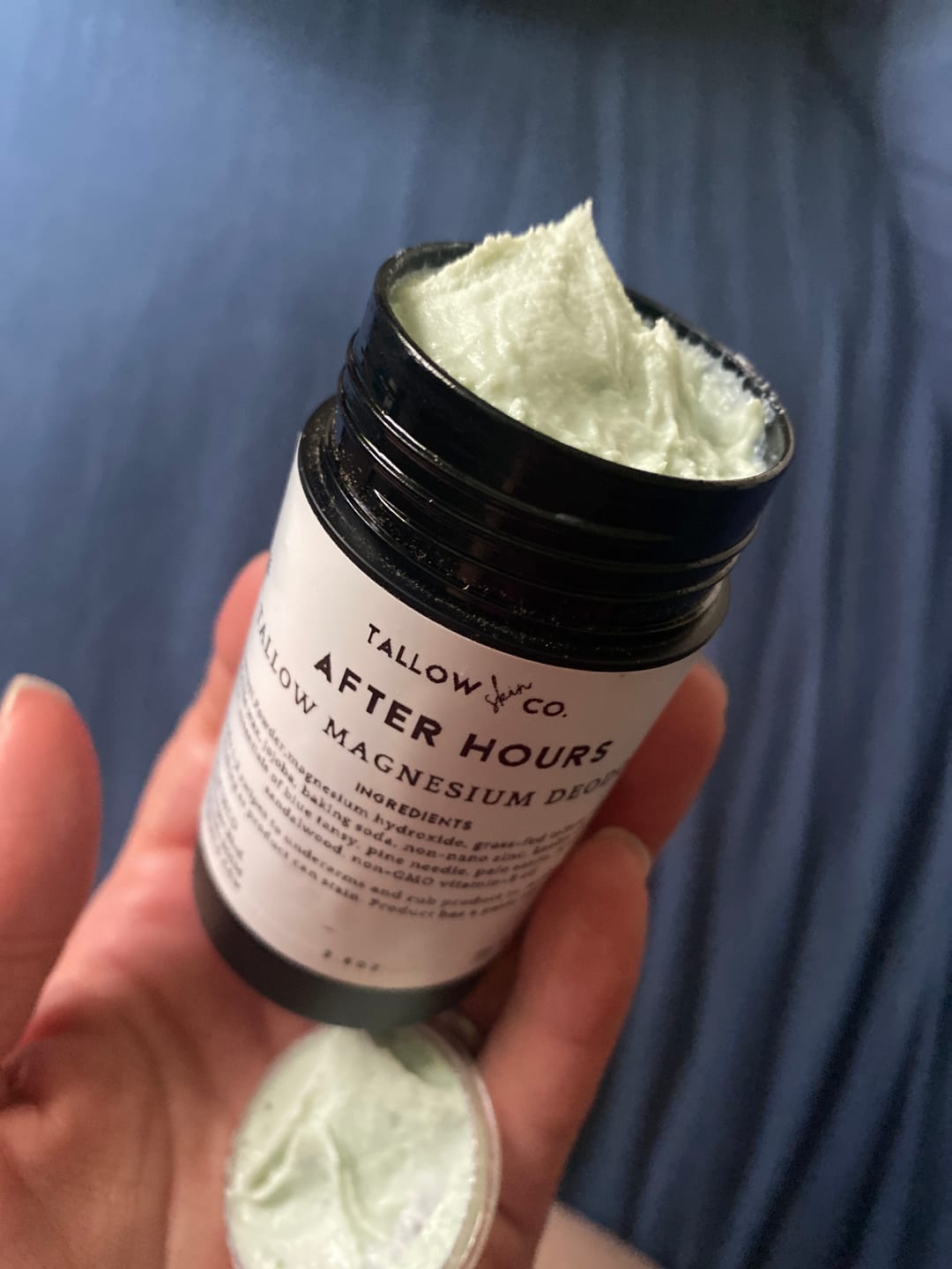 Customer photo review of After Hours | Tallow Magnesium Deodorant | Blue Tansy & Pine