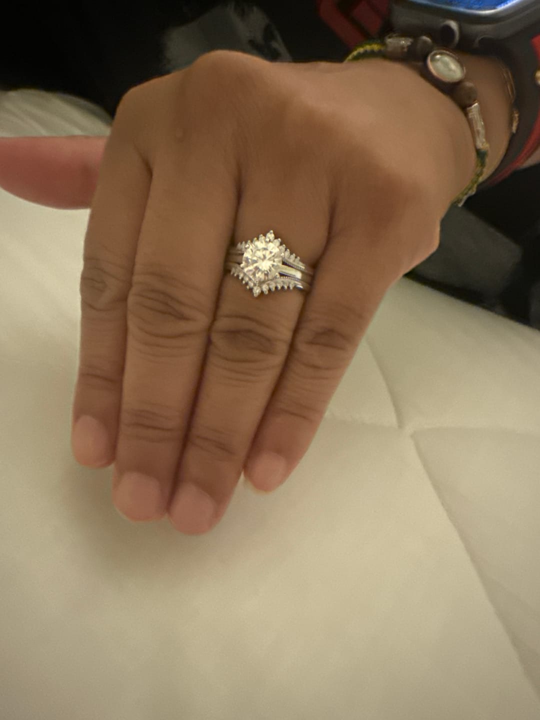 Customer photo review of Solitaire Moissanite With Enhancer Shank Bridal Engagement Ring Set
