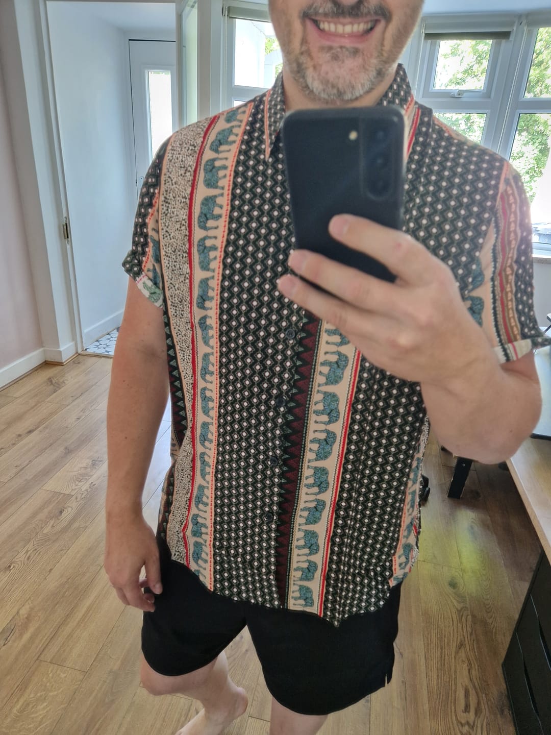 Customer photo review of Men's Striped Elephant Print Retro Button Up Green Top Short Sleeve Shirt