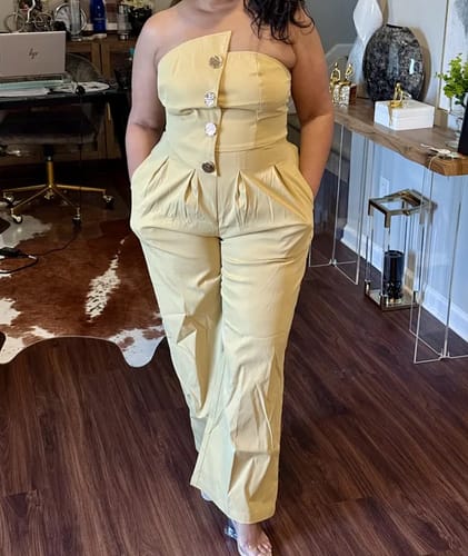 Customer photo review of Motionkiller Strapless Button Wide-Leg Jumpsuit