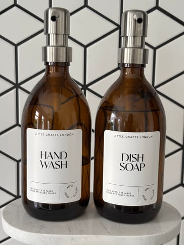 Customer photo review of Set of 2 Amber Glass Bottle 500 ML with Stainless Steel Pump & Small Tray