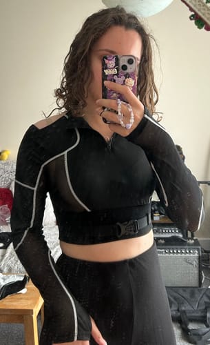 Customer photo review of High neck zip-up mesh patchwork long sleeves crop top