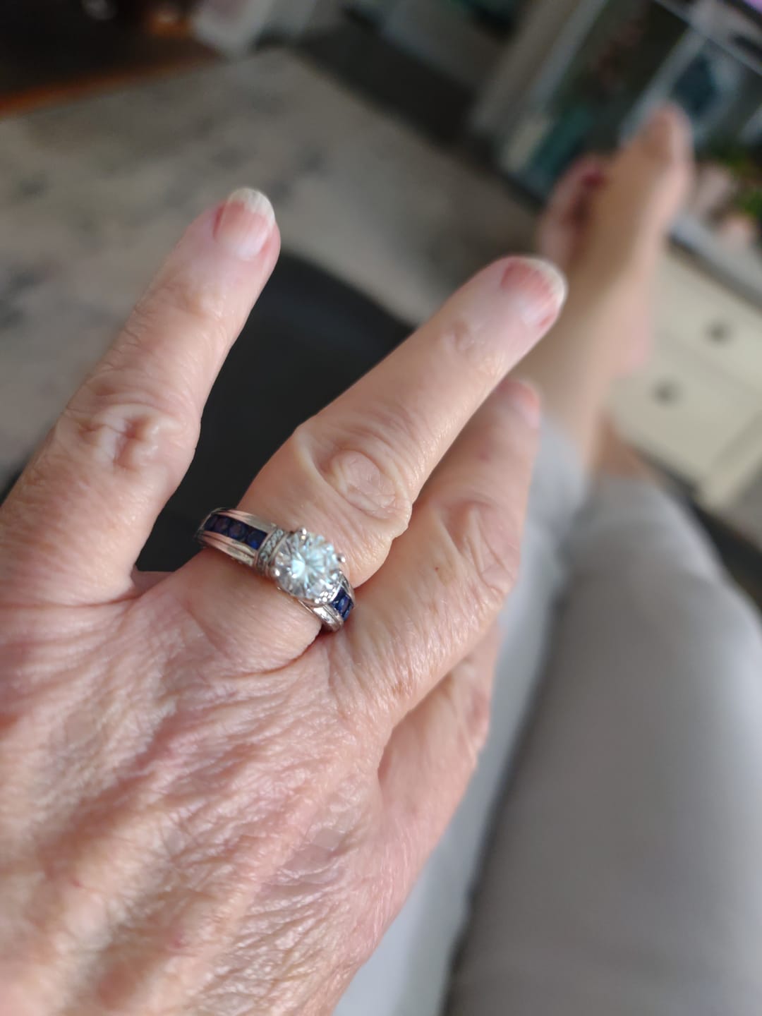 Customer photo review of Moissanite With Channel Set Sapphire Accents Engagement Ring