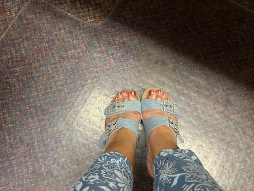 Customer photo review of Main Squeeze Blue Denim Wedges