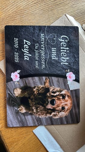 Customer photo review of Hunde Gedenktafel mit Foto & Spruch (UV- &  Wetterfest)