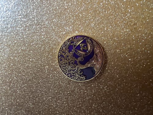 Customer photo review of 29 Year Sobriety Mint Twisted Tree of Life Gold Plated AA Recovery Medallion - Twenty Nine Year Chip/Coin - Purple