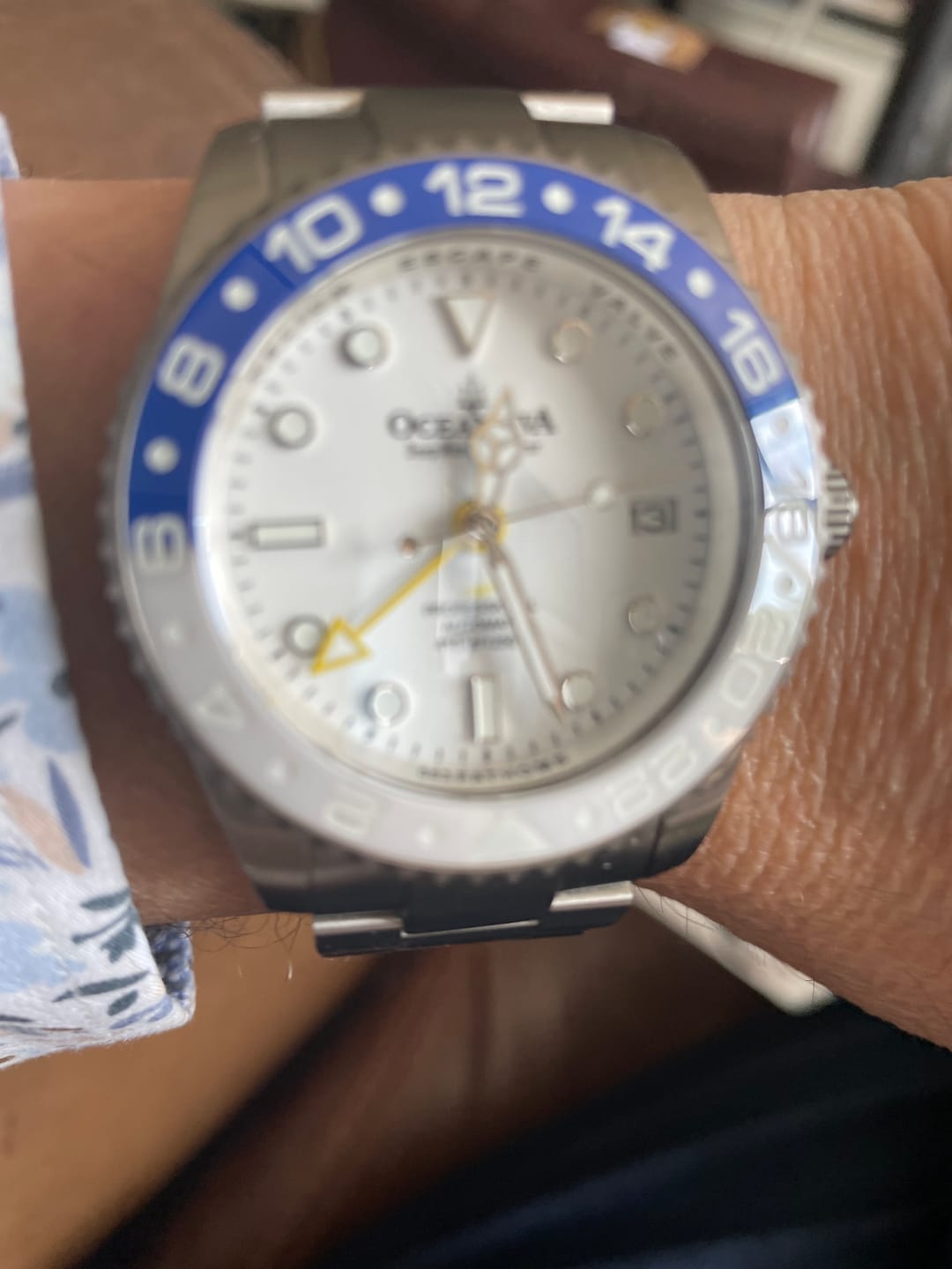 Customer photo review of Oceaneva Men's GMT TITANIUM Automatic Deep Marine Explorer 1250M White & Blue Ceramic Bezel Watch