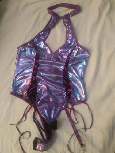 Customer photo review of Ellolace Pure Desire Fantasy Bodysuit Stocking Lace Up Latex Top Halter Body Backless Hot Youthful Habits Sexys Pour Femme