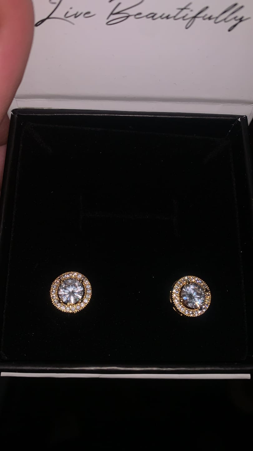 Customer photo review of Ariel 18k White Gold Plated Halo Stud Earrings with Simulated Diamond Crystals