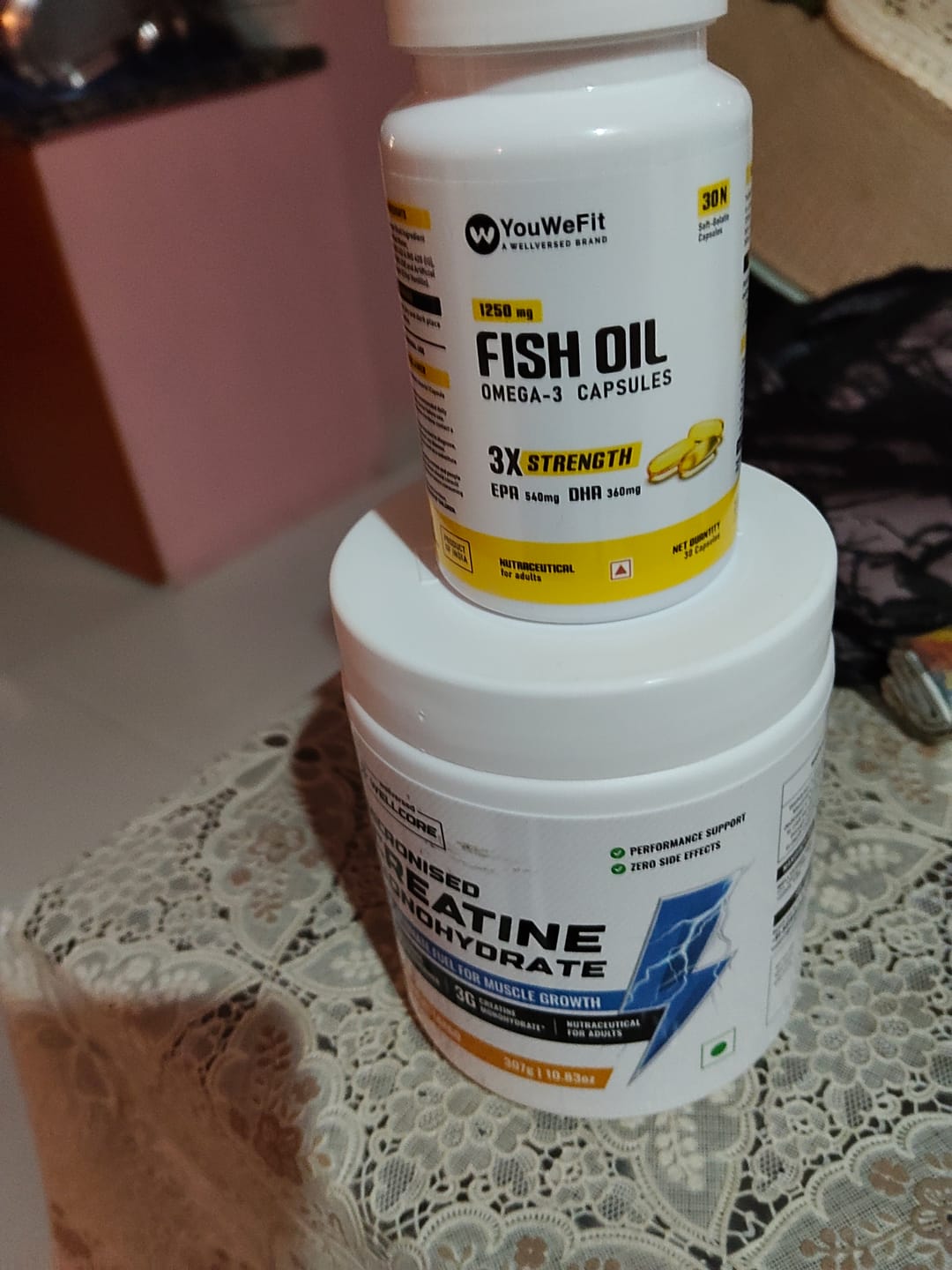 Customer photo review of Wellcore Creatine Monohydrate (Tropical Tango, 83 Servings) + YouWeFit Omega-3 Triple Strength Fish Oil (1250mg, 30 Capsules)