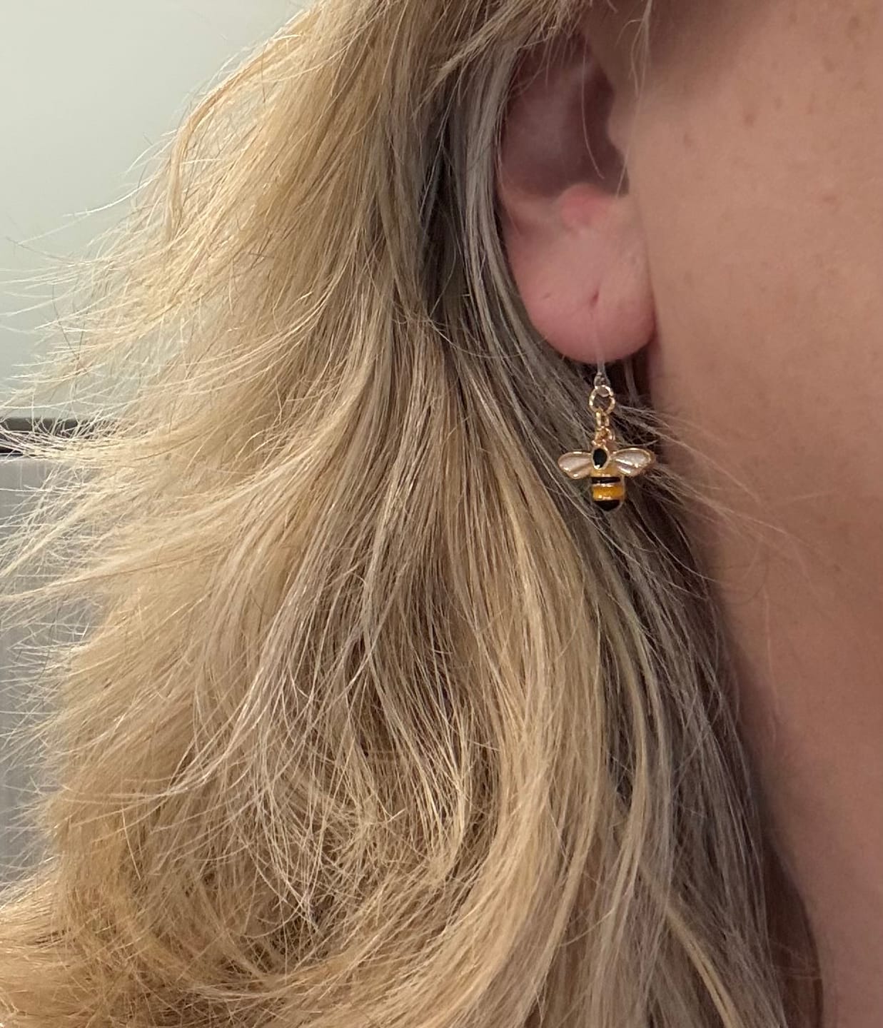 Customer photo review of Flying Bee Dangles Hypoallergenic Earrings for Sensitive Ears Made with Plastic Posts