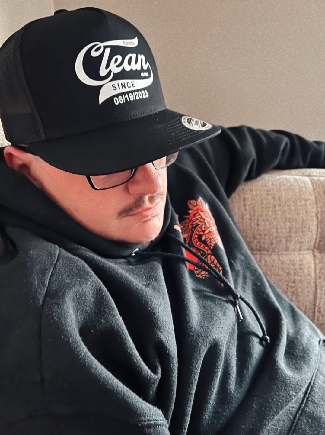Customer photo review of Clean Since Trucker Hat w/ Personalized Sobriety Date