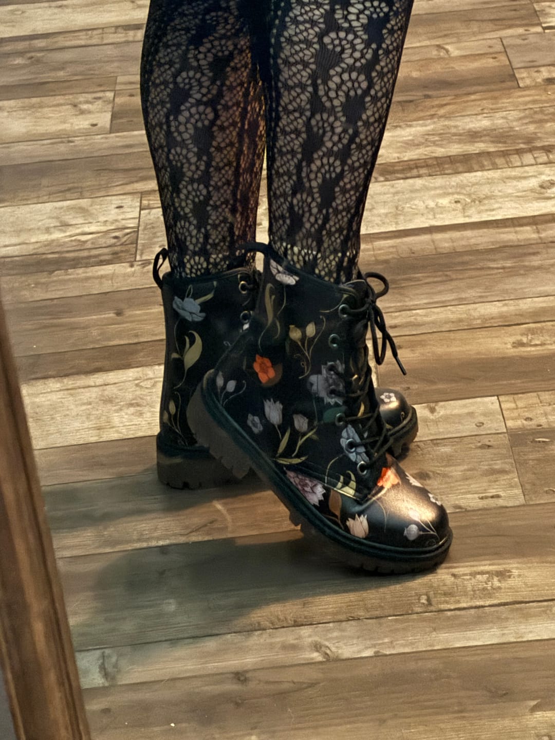 Customer photo review of Goth Bohemian Style Flowered Print On Black Vegan Combat Boots