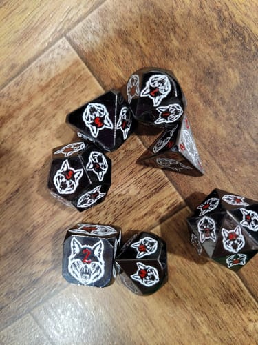 Customer photo review of Wolves' Den White, Red, and Black Metal Dice Set 'PRE-ORDER | SPRING EVENT DEAL'
