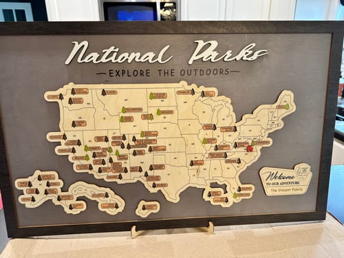 Customer photo review of US Wooden National Parks Travel Map With Trees To Record Park Visits (Light Grey)