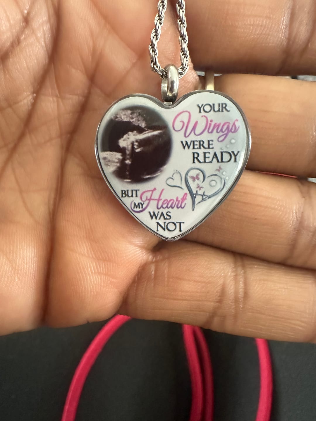Customer photo review of Custom Photo Memorial Necklace Adjustable "Your Wings Were Ready But My Heart Was Not" -N026